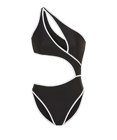 Schwarzer Einteiler-Badeanzug mit weißen Rändern und asymmetrischem Schnitt, zeigt Haut an Taille und Schulter