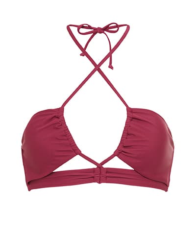 Weinrotes Bikini-Oberteil mit überkreuzten Trägern und Knoten am Nacken