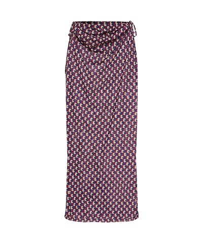 Langer Rock mit mehrfarbigem geometrischen Muster in Blau, Rot und Weiß, mit gerafftem Bund und lockerer Passform.