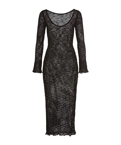 Schwarzes langes Kleid mit Netzstruktur und langen Ärmeln, schmal geschnitten und knöchellang.