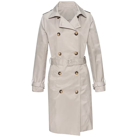 Beiger Trenchcoat mit Gürtel und goldenen Knöpfen, langer Schnitt, geknöpfter Kragen und Manschetten