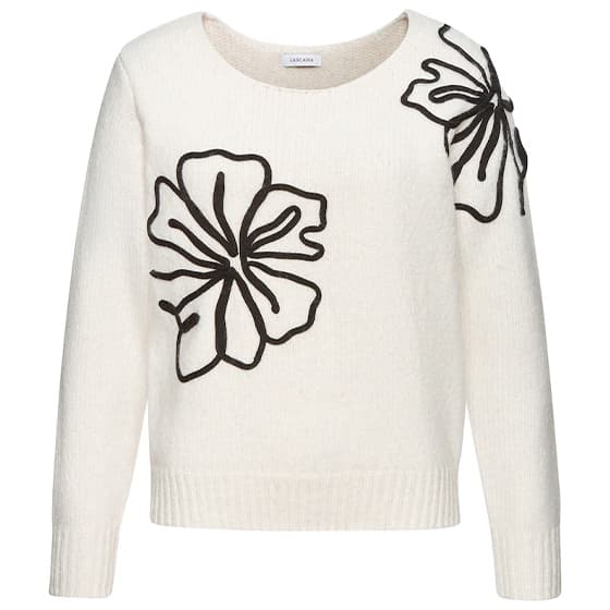 Cremefarbener Pullover mit schwarzen Blumenmustern auf Vorderseite und Schulter, Rundhalsausschnitt und langen Ärmeln