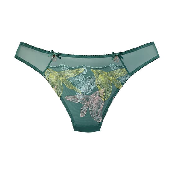 Grüner Slip mit bunten Blumenstickereien und kleinen Schleifen an den Seiten