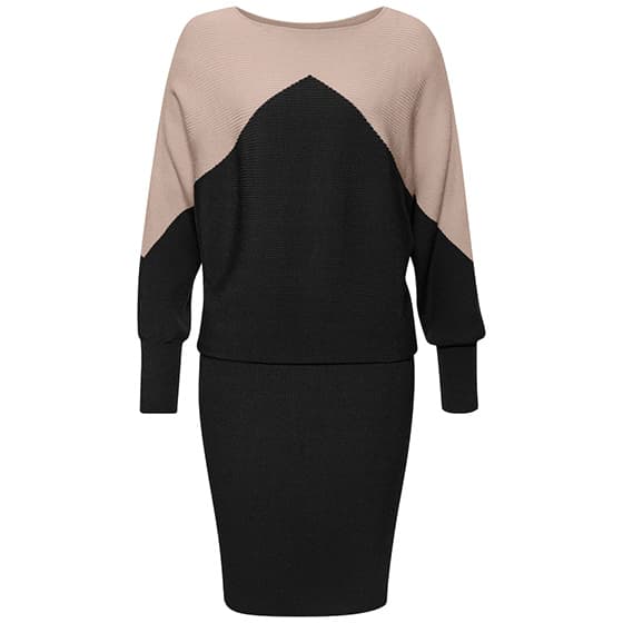 Schwarz-beiges Strickkleid mit geometrischem Design und langen Ärmeln, abgebildet frontal ohne Modell