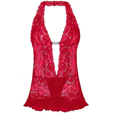 Rotes Spitzen-Negligé mit tiefem V-Ausschnitt und floralen Mustern