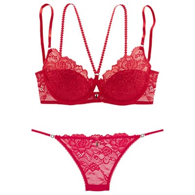 Rotes Spitzen-BH-Set mit doppelten Trägern und passendem Spitzen-Slip, beide mit floralen Mustern