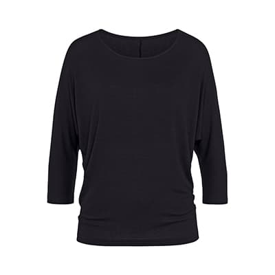 Haut noir à manches trois-quarts pour femme, coupe ample, présenté de face sur fond blanc