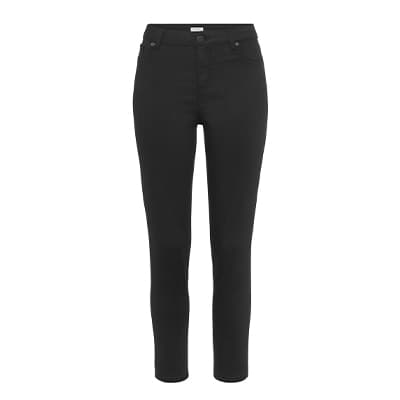 Pantalon noir coupe slim pour femme, cinq poches, longueur cheville, présenté de face sur fond blanc