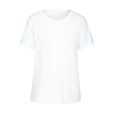 Weißes T-Shirt mit Rundhalsausschnitt und kurzen Ärmeln, frontal vor hellem Hintergrund dargestellt