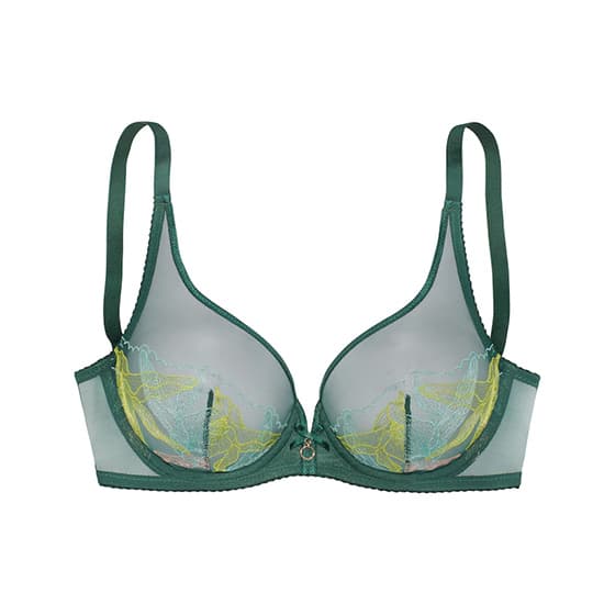 Grüner BH mit transparenten Körbchen und gelber Blumenstickerei