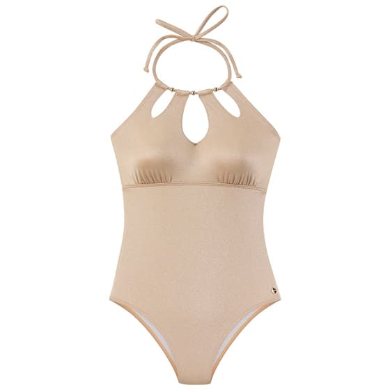 Beiger Badeanzug mit Halterneck und Cutouts am Dekolleté, vorne gebunden, mit kleiner goldener Plakette am unteren rechten Rand
