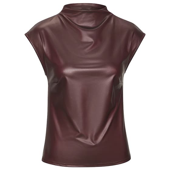 Ärmelloses Oberteil in glänzendem Dunkelrot mit hohem Kragen und leichtem Faltenwurf vorne