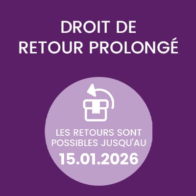 Droit de retour prolongé – Les retours sont possibles jusqu'au 15.01.2026 sur fond violet avec icône de boîte retour