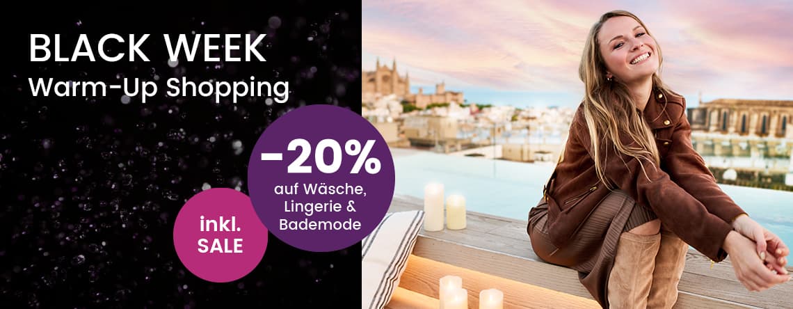 BLACK WEEK Warm-Up Shopping -20 % auf Wäsche, Lingerie & Bademode inkl. SALE – Frau in brauner Jacke sitzt auf Terrasse mit Kerzen