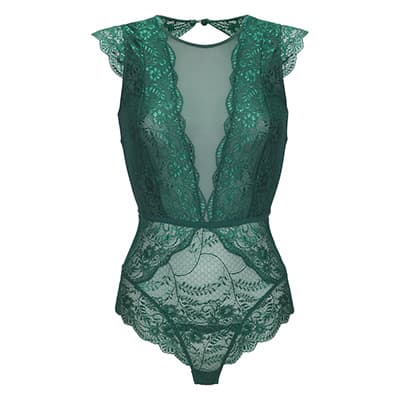 Grüner, ärmelloser Body mit Spitzenverzierungen, transparenten Einsätzen und Rückenausschnitt