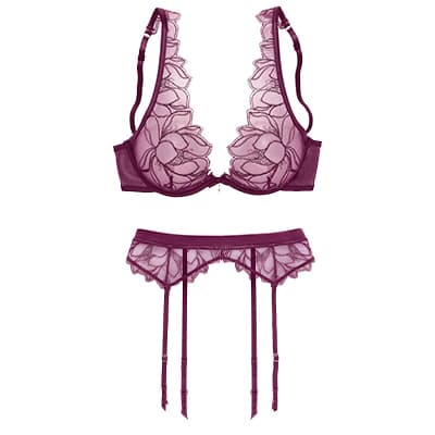 Weinrotes Dessous-Set aus BH und Strumpfhalter mit floralen Stickereien