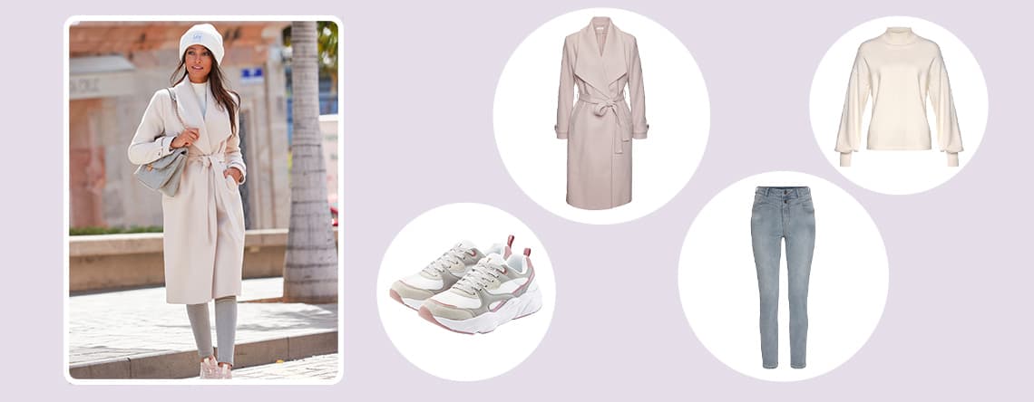 Femme portant un manteau beige, pull crème, jeans gris et baskets blanches. À côté, manteau beige, pull crème, jeans gris et baskets.