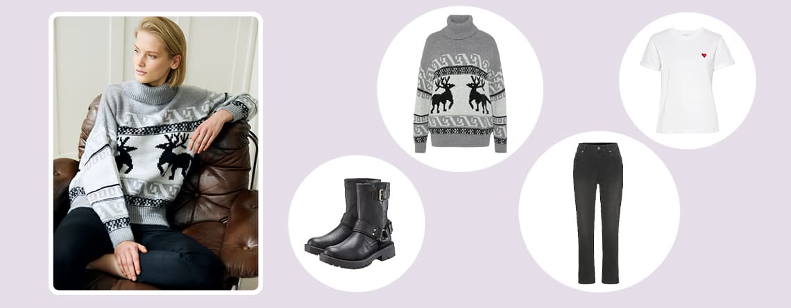 Person sitzt mit grauem Rentier-Pullover und schwarzer Hose auf einem Ledersessel. Daneben Pullover, Stiefel, T-Shirt und Hose.