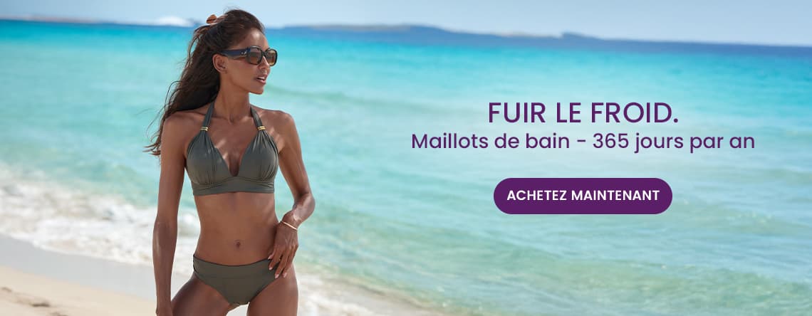 Fuir le froid - Maillots de bain 365 jours par an. Achetez maintenant. Femme en bikini kaki sur une plage ensoleillée.