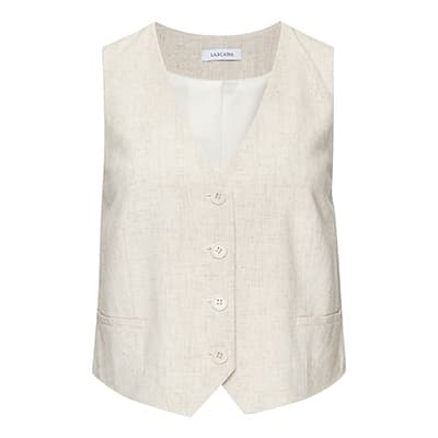 Ärmellose beige Weste mit fünf Knöpfen und zwei Taschen vorne.