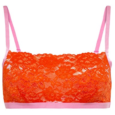 Orange Spitzen-BH mit rosa Trägern und rosa Saum, Vorderansicht