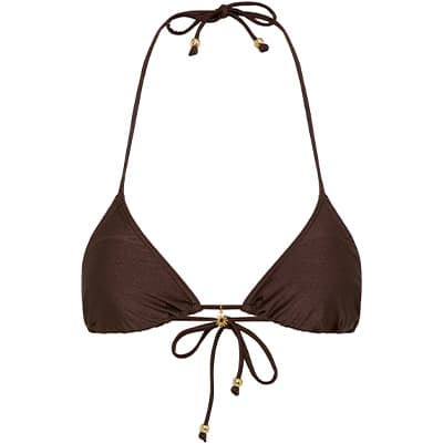 Brauner Bikini-Oberteil mit Schnürung und goldenen Details.
