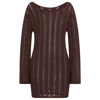 Braunes, langärmeliges Kleid mit transparenten Streifen und weitem Ausschnitt.