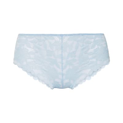Hellblauer Spitzenslip, Vorderansicht, florales Muster