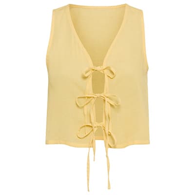 Gelbes Top mit drei Schleifen vorne und V-Ausschnitt