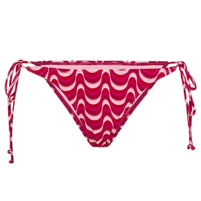 Pink-weiß gemusterter Bikini-Hosenteil mit seitlichen Kordeln auf weißem Hintergrund