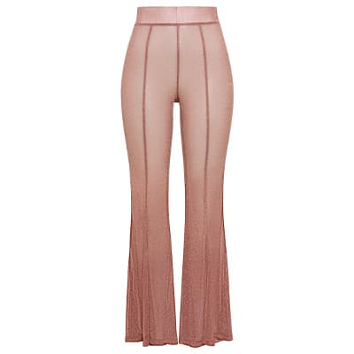 Rosafarbene, durchsichtige Schlaghose mit vertikalen Nähten und hohem Bund.