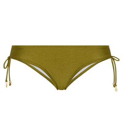 Olivgrüne Bikinihose mit seitlichen Bändern und kleinen Anhängern