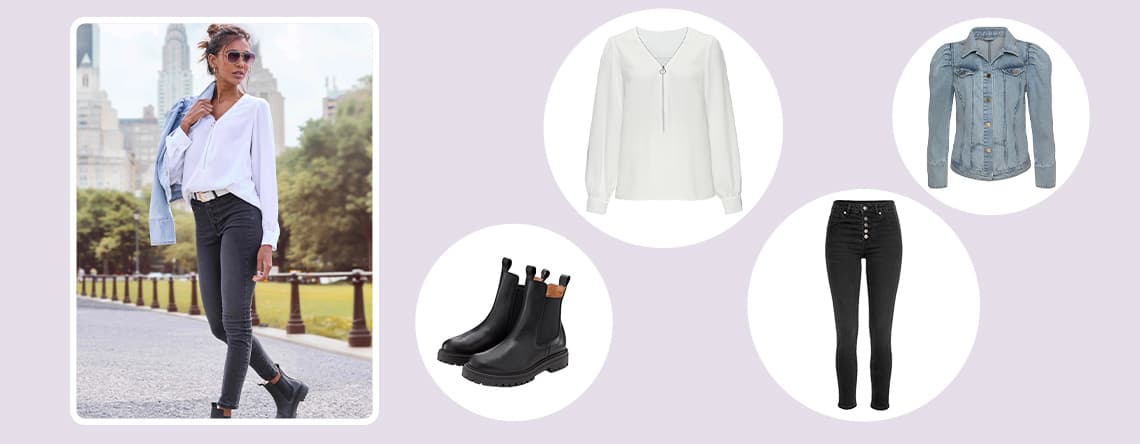 Tenue urbaine femme avec blouse blanche, jean slim noir, bottines noires et veste en jean claire