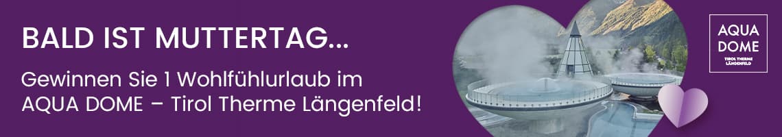 Bald ist Muttertag – Gewinne einen Wohlfühlurlaub für 2 Personen, Herzformen mit Bild einer Thermenlandschaft im Gebirge