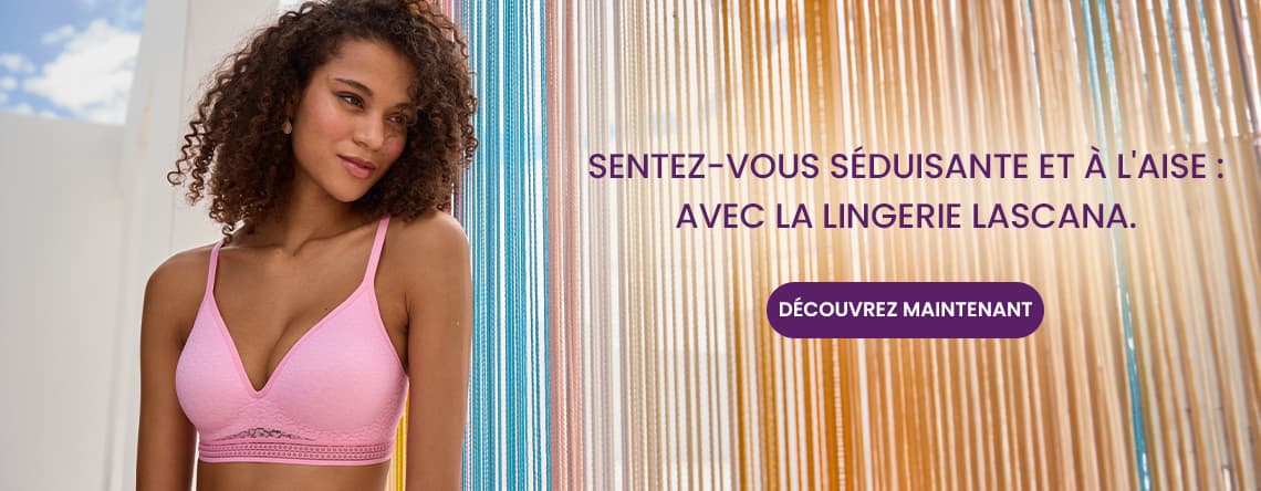 Sentez-vous séduisante et à l’aise avec la lingerie Lascana – Personne portant un soutien-gorge rose devant rideau coloré
