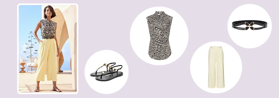 Frau trägt ärmelloses gemustertes Top, weite gelbe Hose, flache Sandalen und Gürtel, daneben die einzelnen Teile des Outfits