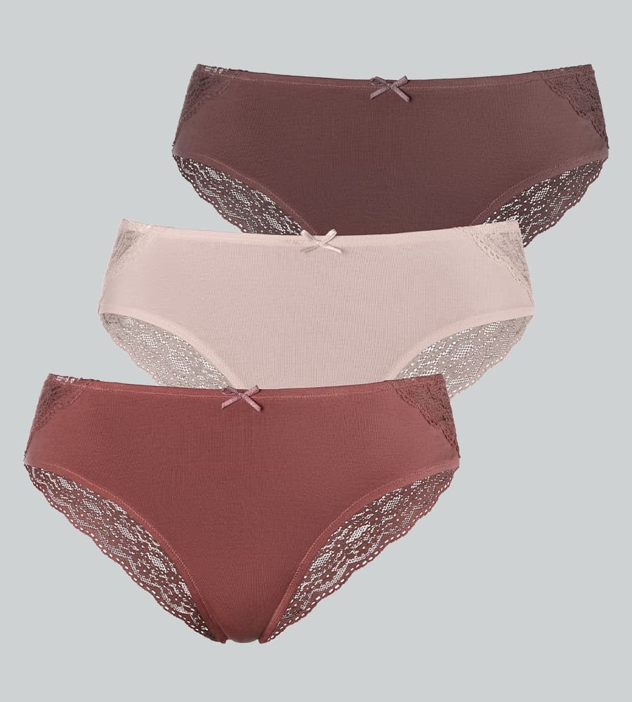 Lot de 3 culottes taille basse dans les tons rose et marron, avec dentelle sur les côtés et petit nœud devant