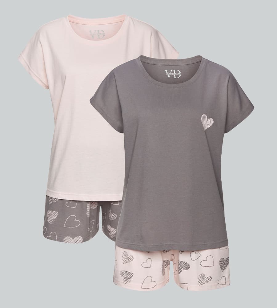 Lot de 2 pyjamas courts femme, hauts uni rose et gris avec cœur, shorts assortis à motifs de cœurs