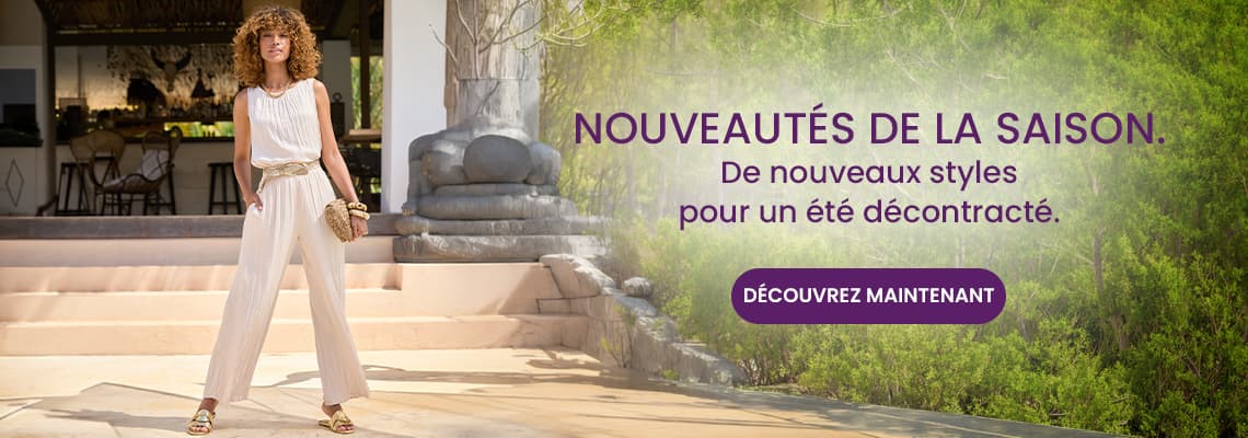 Nouveautés de la saison – Femme debout en combinaison estivale claire devant une terrasse, bouton Découvrez maintenant