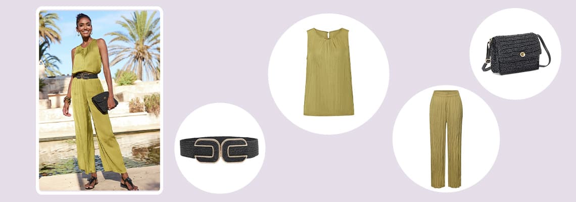 Ensemble vert avec top sans manches et pantalon large, ceinture noire, sac bandoulière noir et sandales à talons
