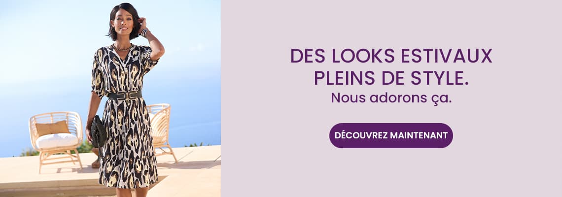 Des looks estivaux pleins de style – Personne en robe imprimée ceinturée sur terrasse avec vue mer, bouton Découvrez maintenant