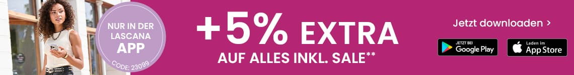 +5 % extra auf alles inkl. Sale – Hinweis nur in der LASCANA App, Frau mit Smartphone, Buttons für Google Play und App Store