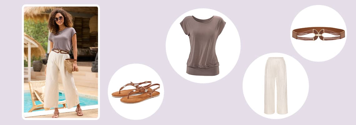 Tenue d’été femme : top taupe, pantalon large écru, sandales plates marron, ceinture fine et pochette près d’une piscine