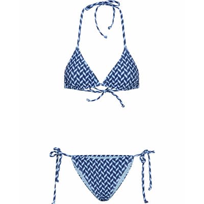 Blau-weißer Bikini mit Zickzackmuster, Triangel-Oberteil zum Binden und passende seitlich zu bindende Bikinihose
