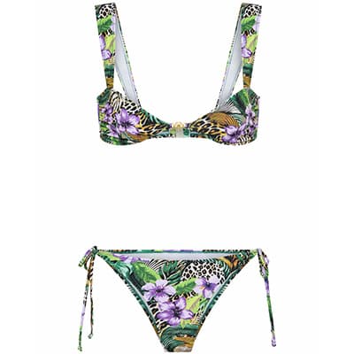 Bikini mit tropischem Blumen- und Animalprint, Oberteil mit breiten Trägern, Bikinihose mit seitlichen Bindebändern
