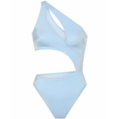 Asymmetrischer Einteiler mit Cut-out an Taille und Schulter, hoher Beinausschnitt, in hellem Farbton vor weißem Hintergrund