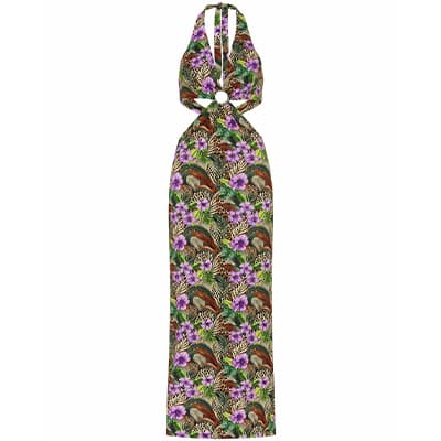 Langes Neckholderkleid mit Ringdetail und buntem Blumen- und Blätterprint auf hellem Hintergrund