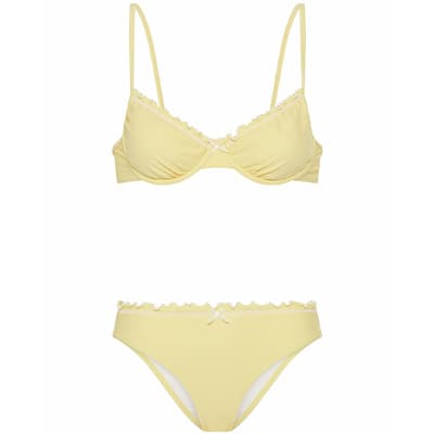 Gelbes BH- und Slip-Set mit schmalen Trägern und kleinen Schleifen an BH-Mitte und Bund des Slips