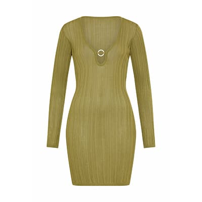 Olives Kleid mit langen Ärmeln und tiefem Rundhalsausschnitt mit Ringdetail vorne