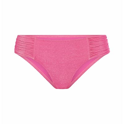 Pinke Bikinihose mit gerafften Seitenteilen, frontal vor weißem Hintergrund gezeigt